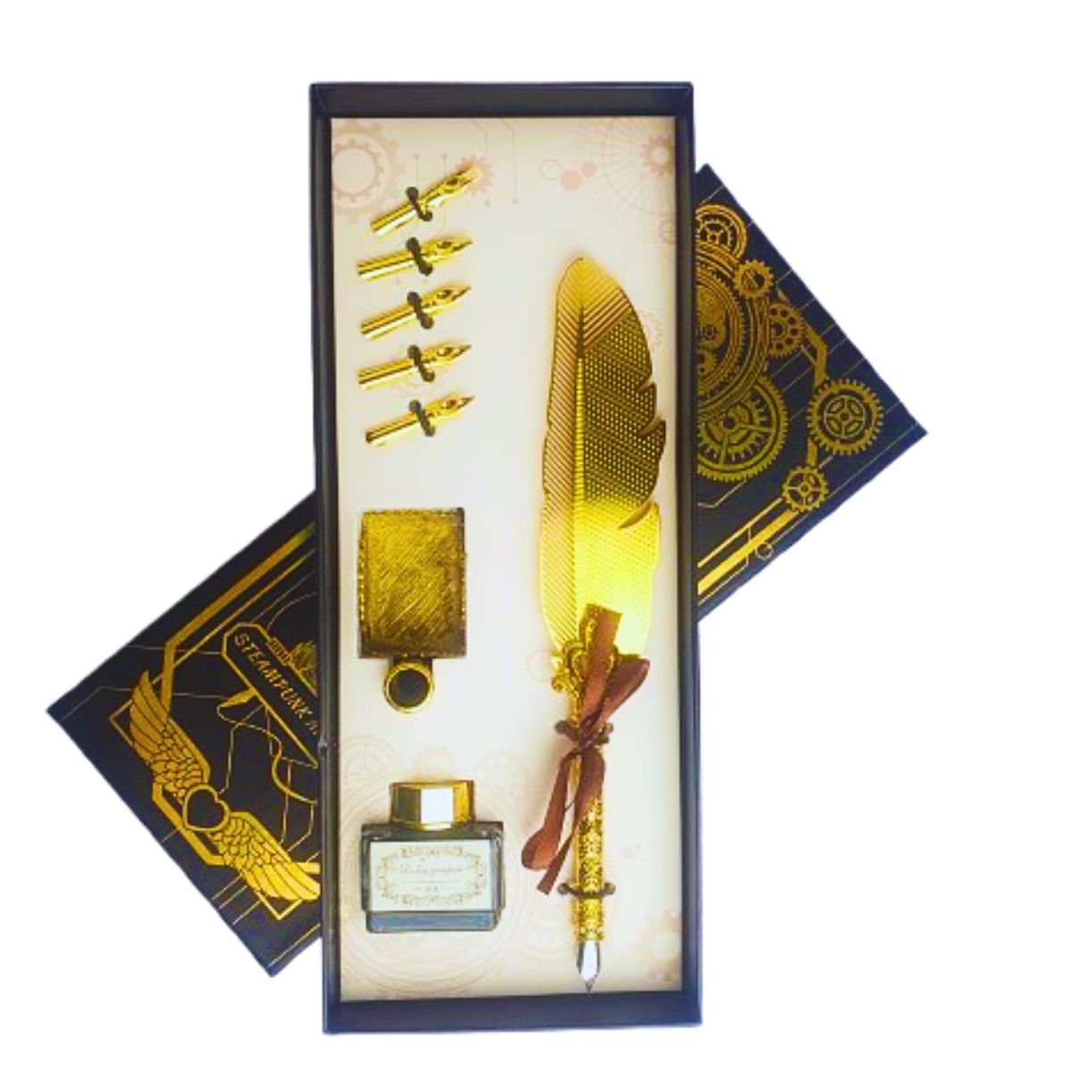 Kit Caneta Tinteiro Pena Dourado Com Tinta E Suporte - M4 Kit Caneta Tinteiro Pena Dourado Com Tinta E Suporte - M4
